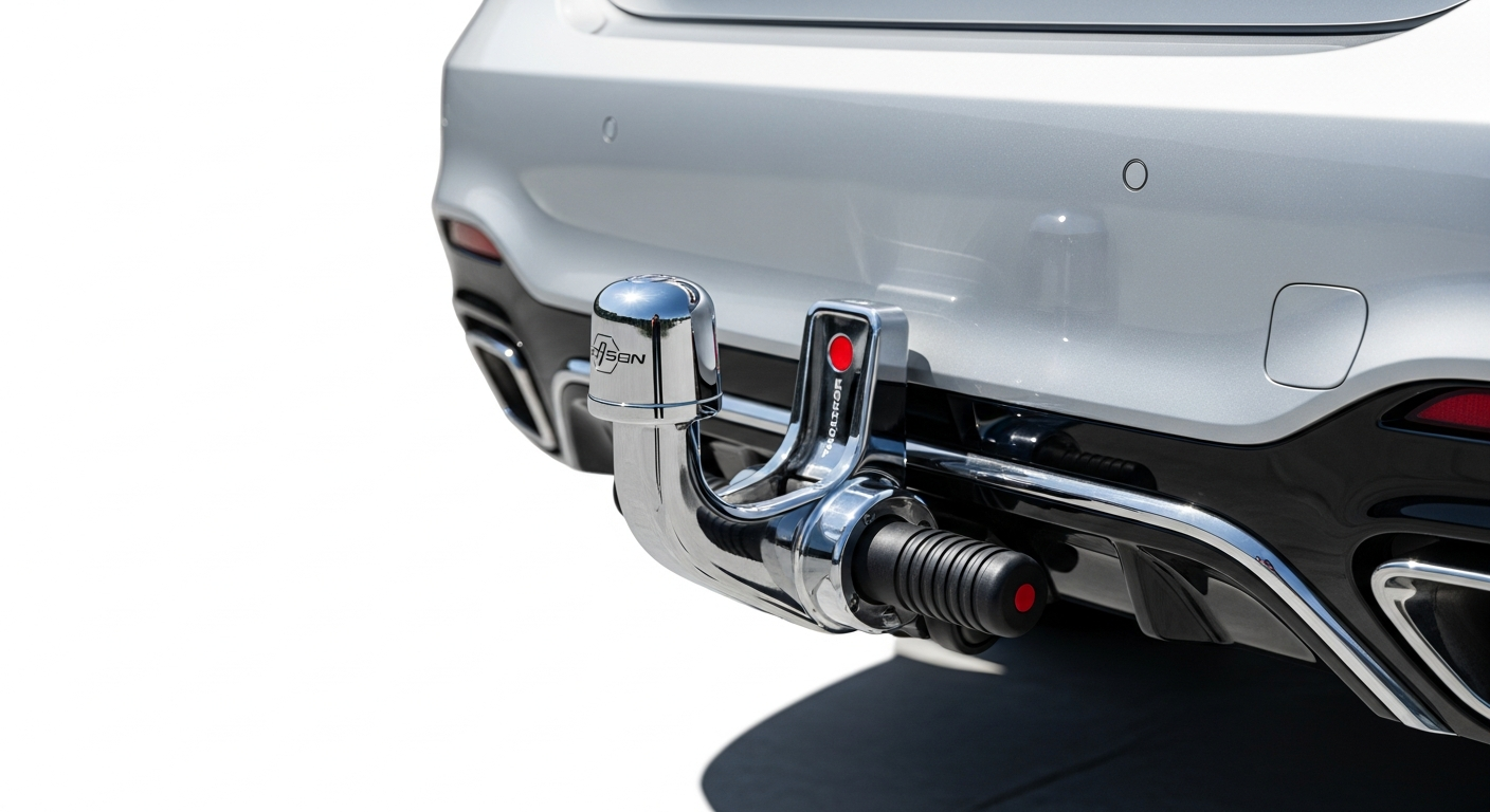 Premium detachable towbar without tools mounted on modern vehicle rear bumper