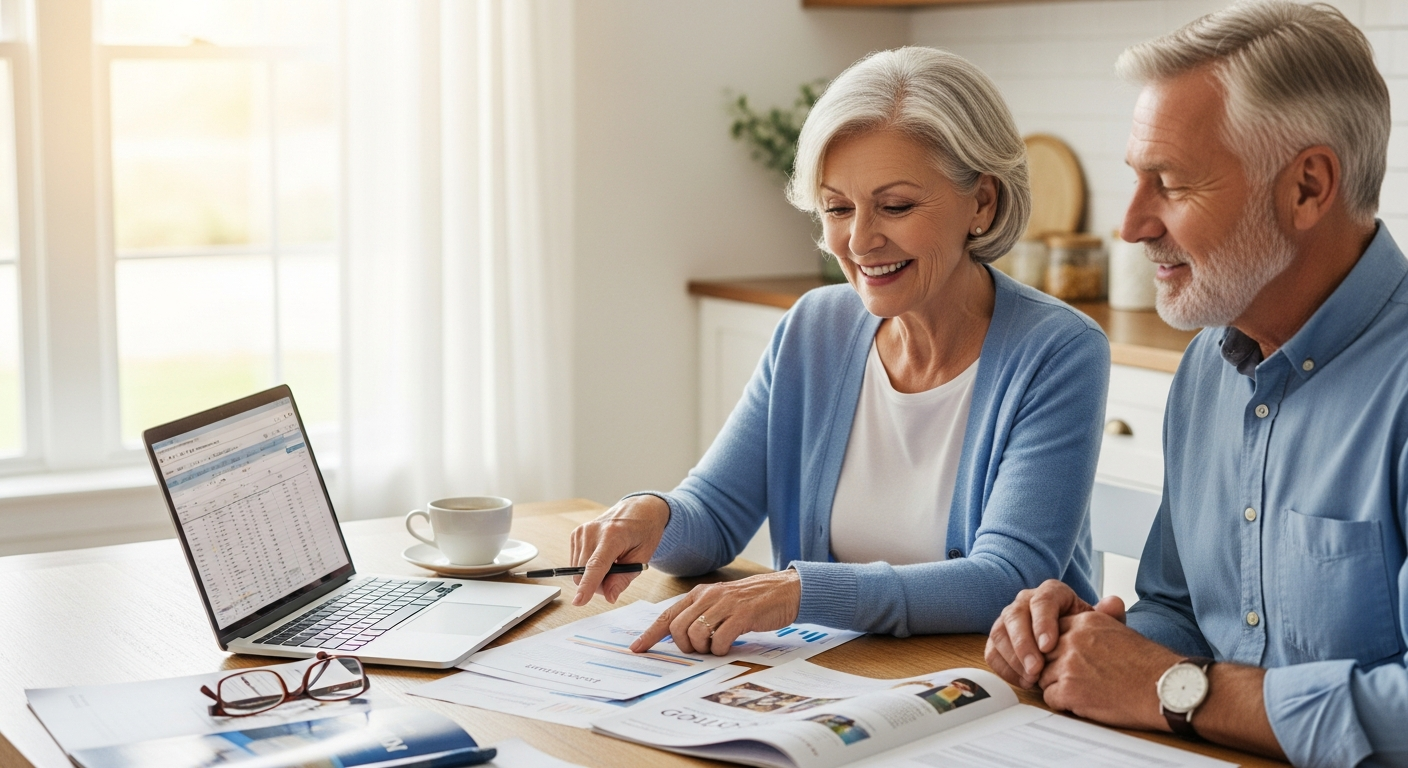 Grandparents reviewing 529 college savings plan documents with financial advisor at table