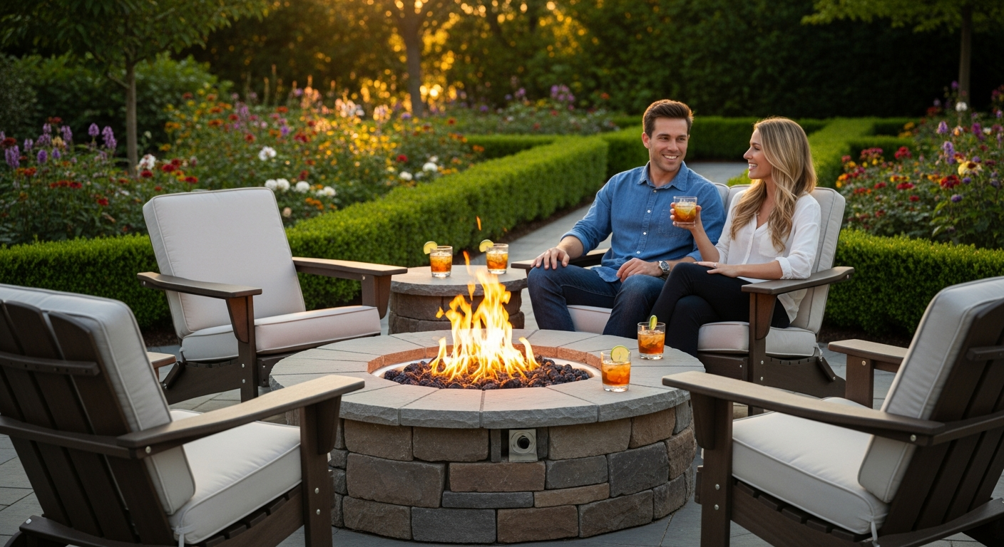 Slate grey rattan corner sofa with integrated rectangular fire pit table and cushioned seating