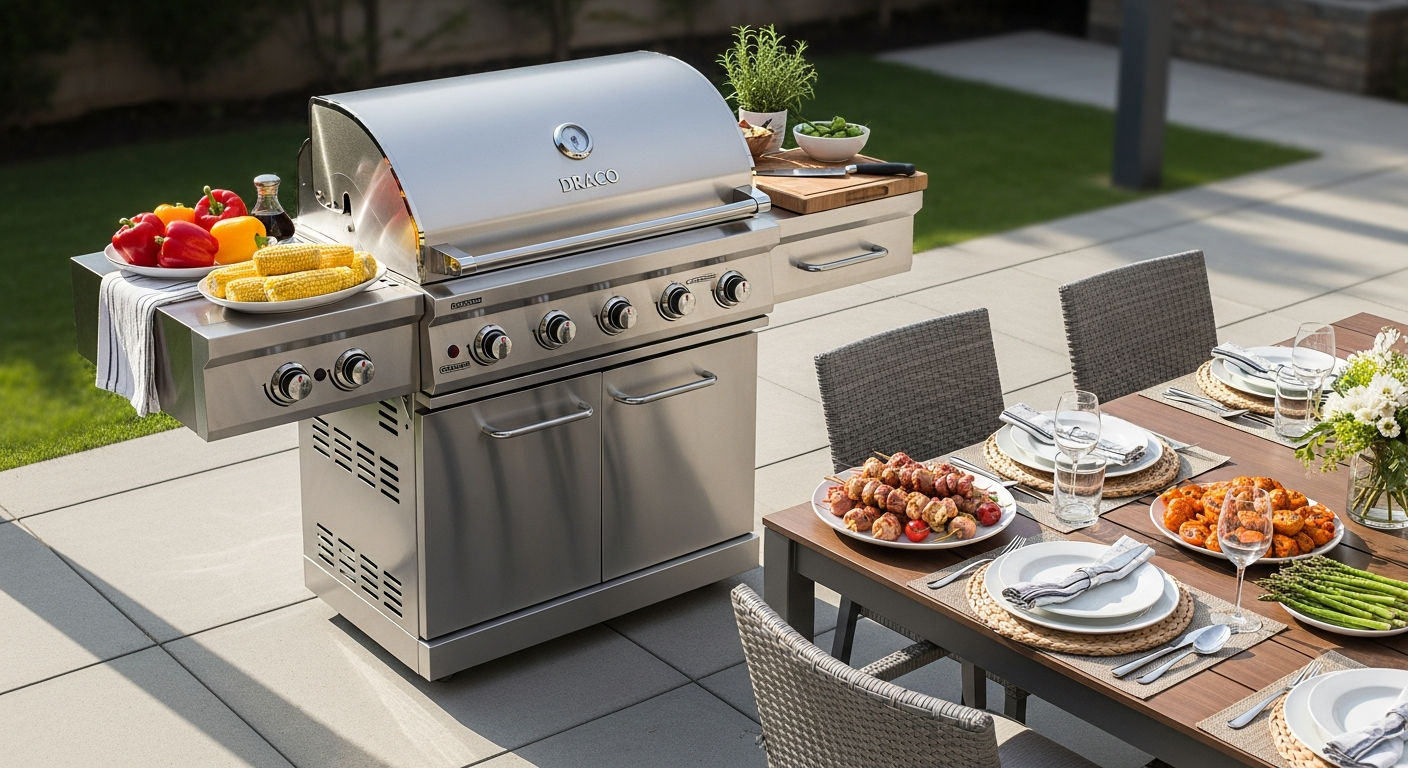 Draco Grills 6 Burner Modular Outdoor Kitchen with integrated double fridge and granite work surface
