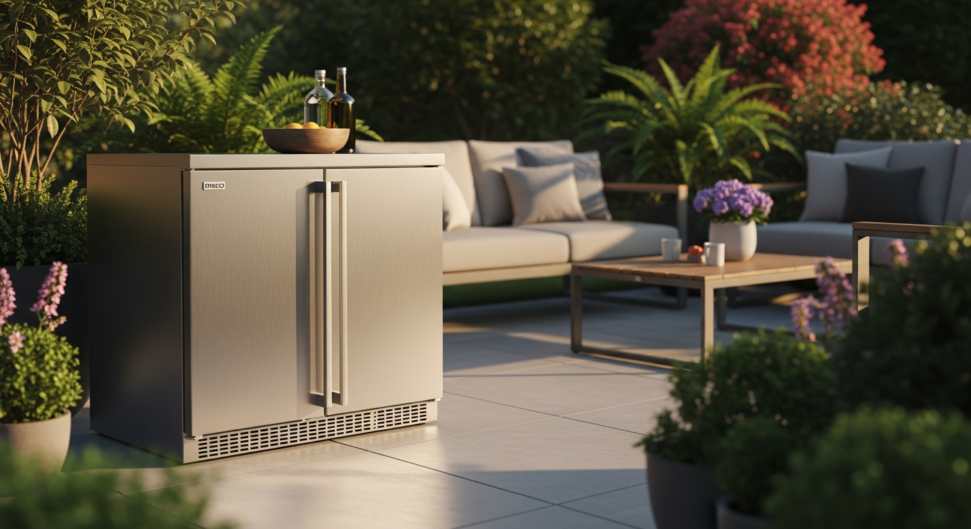 Draco Grills Outdoor Double Fridge Cabinet with black stainless steel finish and granite worktop in garden setting