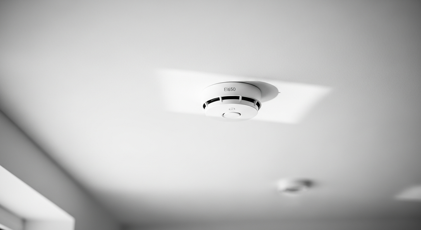 Ei Electronics Ei650 10-Year Smoke Detector mounted on white ceiling with compact design