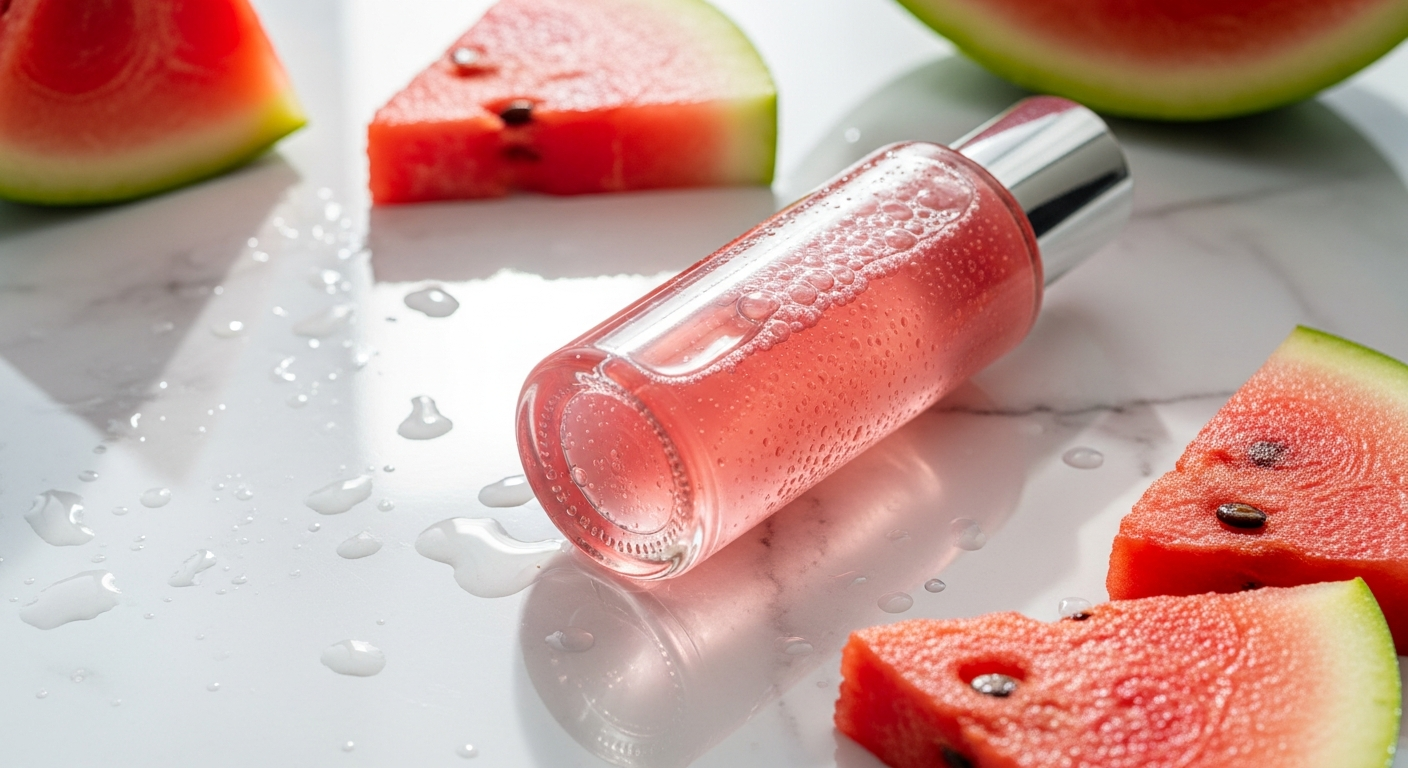 Glow Recipe Watermelon Niacinamide Dew Drops bottle with fresh watermelon slice on white background