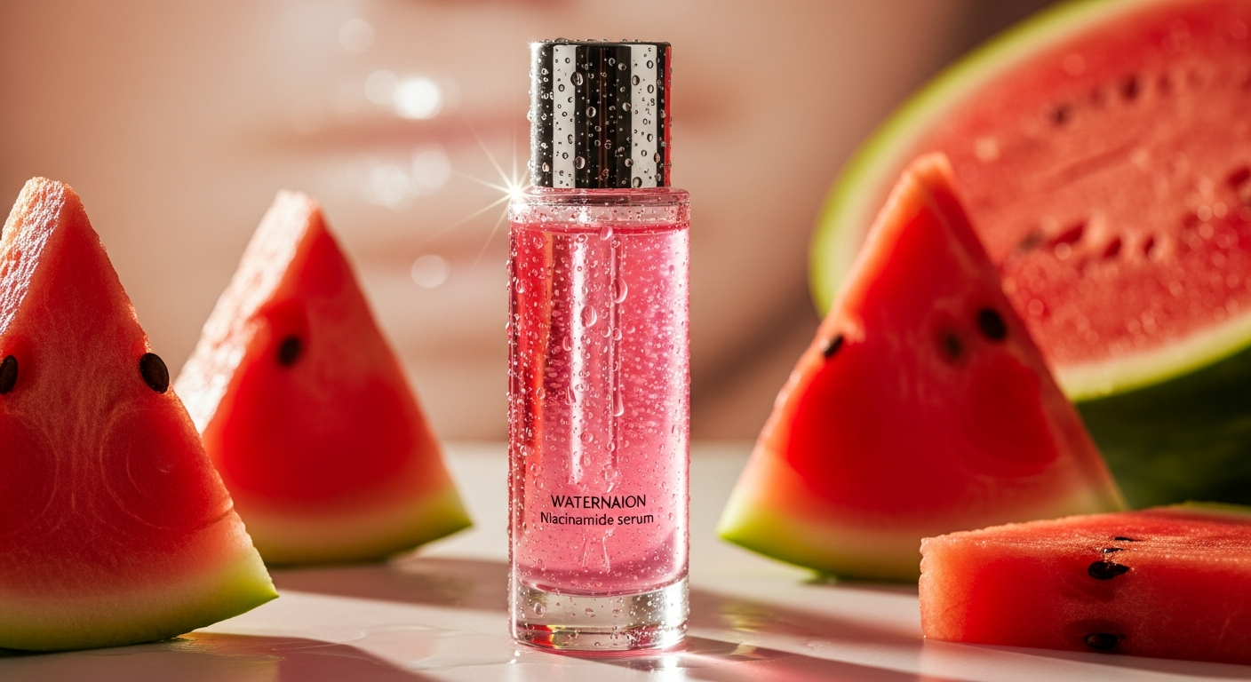 Glow Recipe Watermelon Niacinamide Dew Drops serum bottle with fresh watermelon slices
