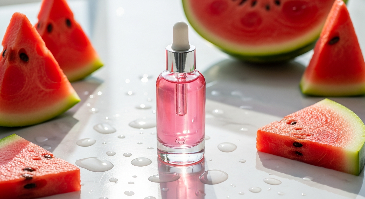 Glow Recipe Watermelon Niacinamide Dew Drops glass bottle with watermelon and moringa oil ingredients displayed