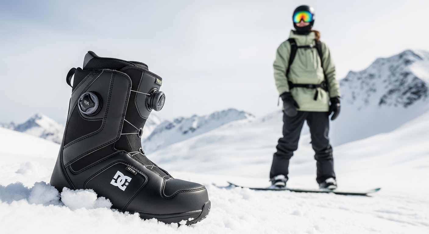 DC Lotus BOA Snowboard Boots for women displayed on snowy mountain terrain
