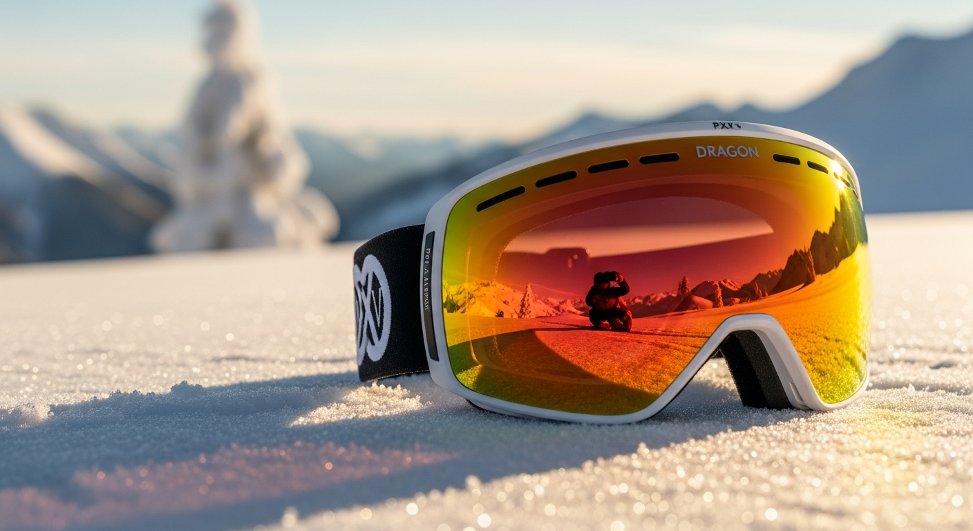 Dragon Alliance PXV ski goggles with panoramic lens and mountain backdrop