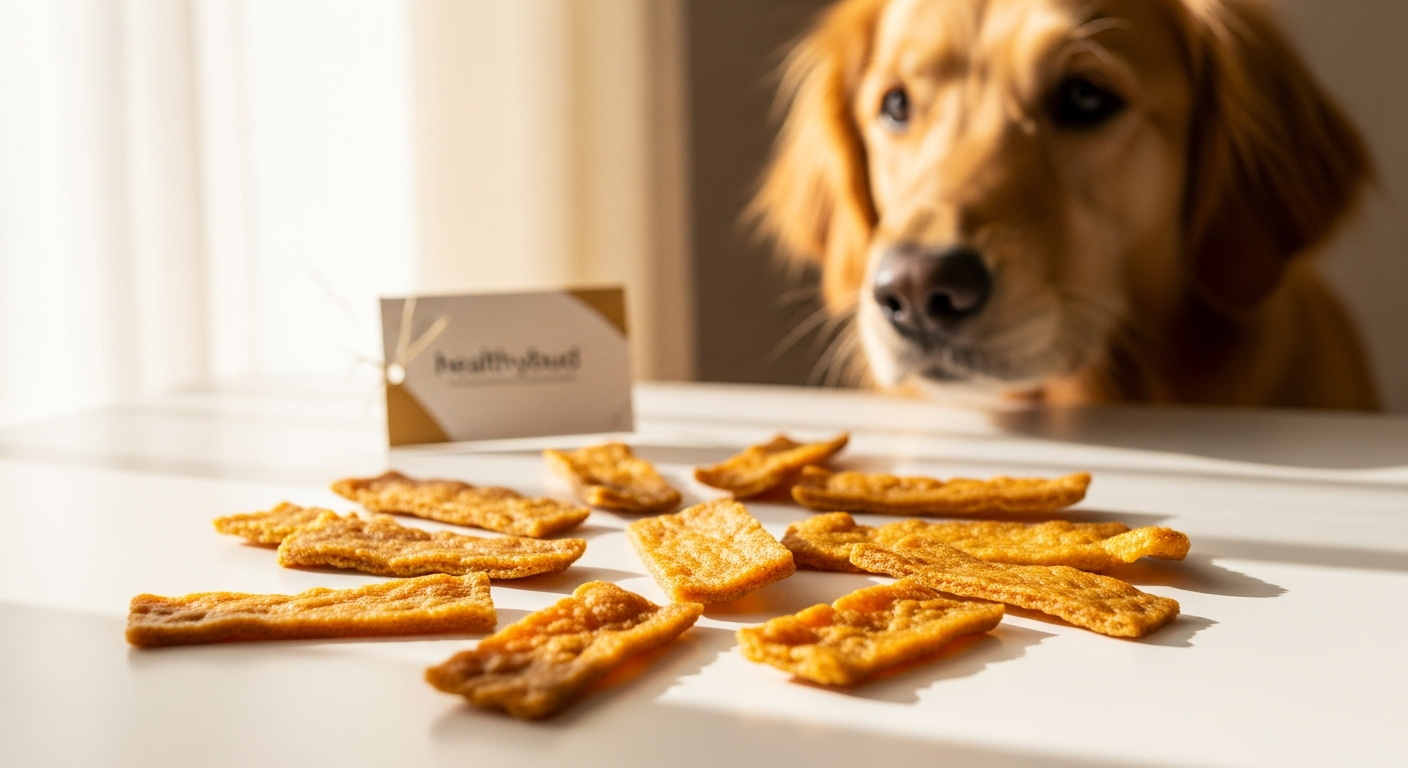 Healthybud Beef Lung Wafers displayed with fresh beef and happy dog eating treat
