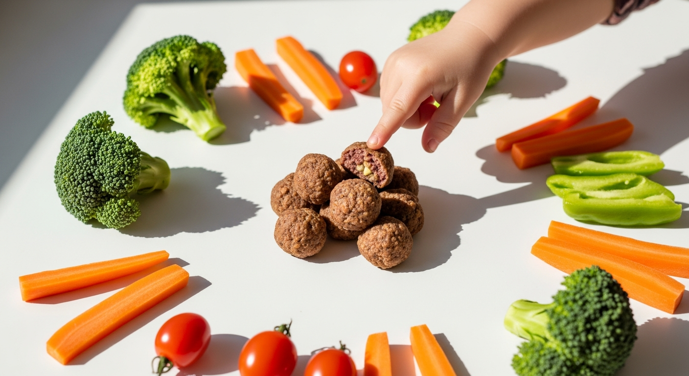 Healthybud Beef Meal Bites freeze-dried raw dog food in bowl with fresh beef and vegetables