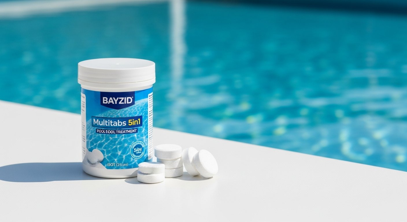 BAYZID Multitabs 5in1 pool water treatment tablets in blue bucket