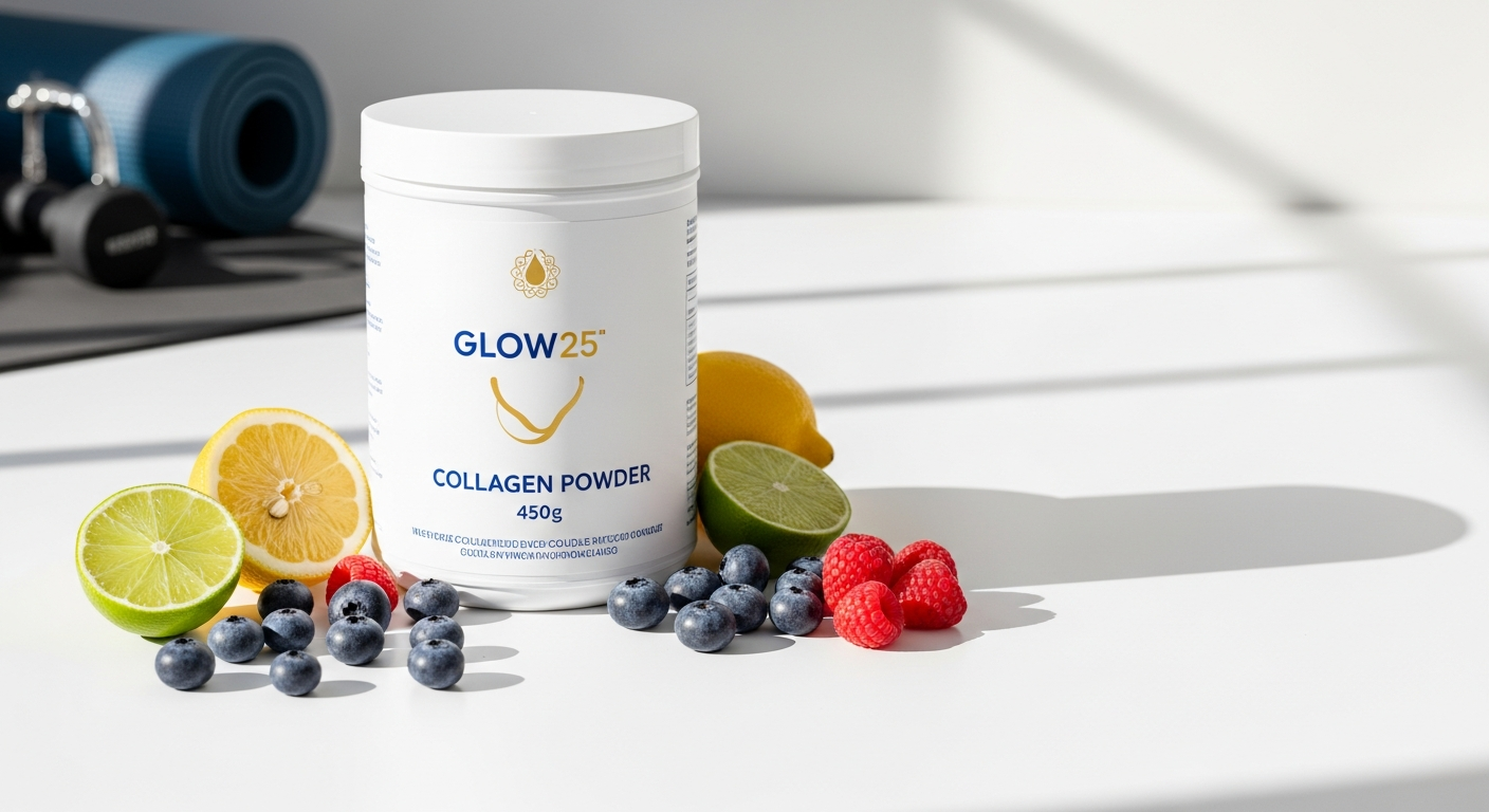 Glow25 Unflavoured Collagen Powder 450g container with scoop on white background