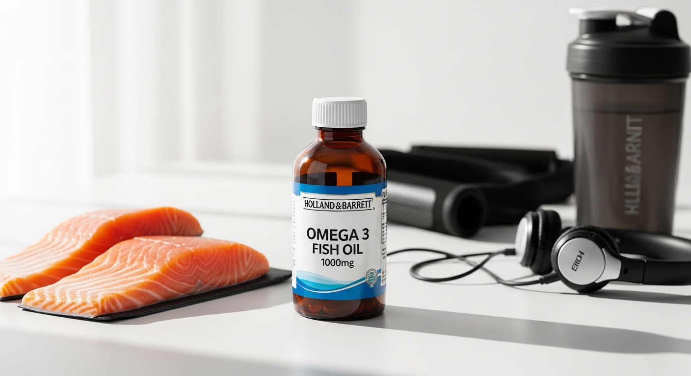 Holland & Barrett Omega 3 Fish Oil 1000mg capsules in bottle with athletic training background