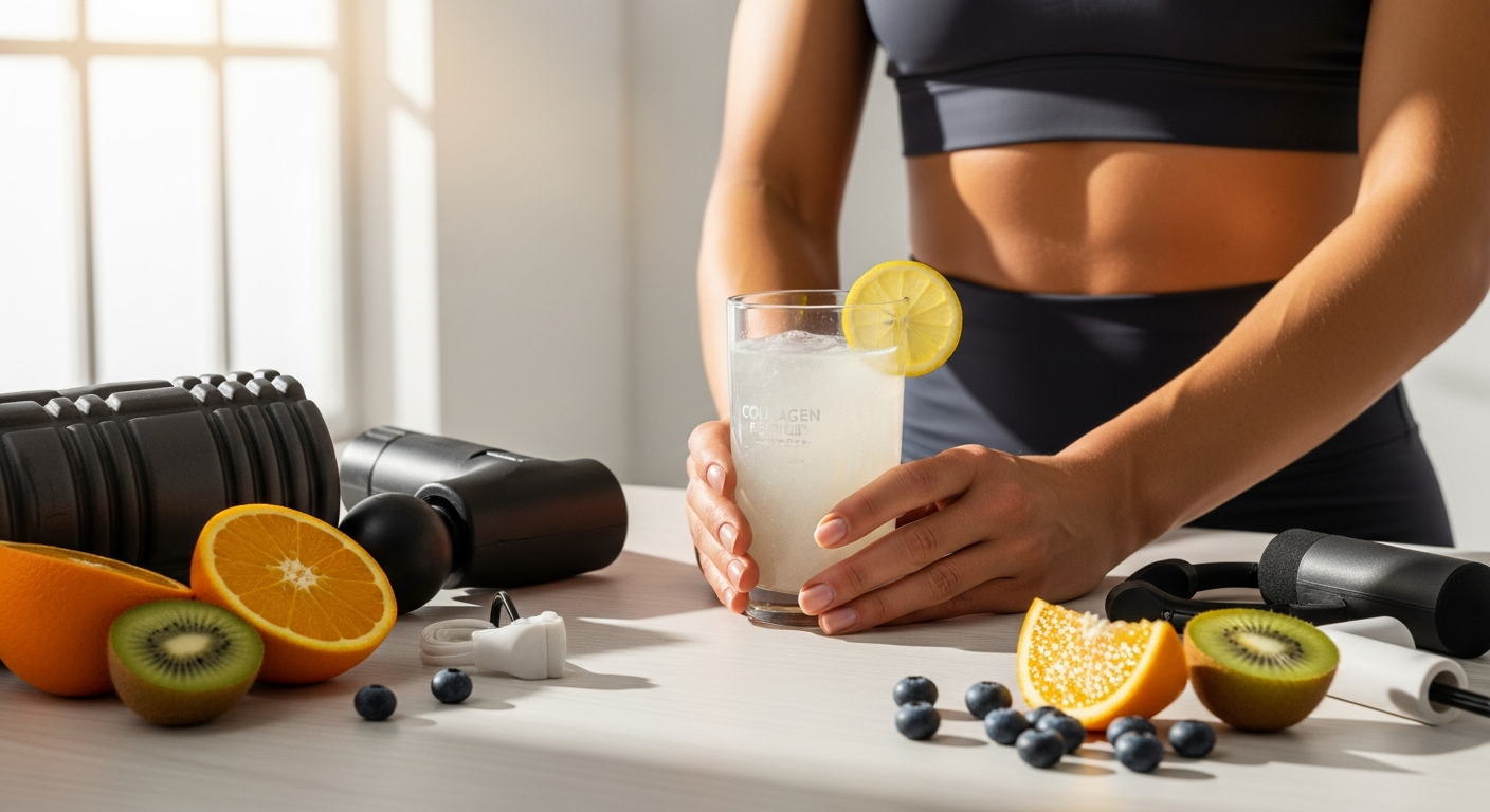 Vital Proteins unflavoured collagen peptides powder container with scoop on athletic training background