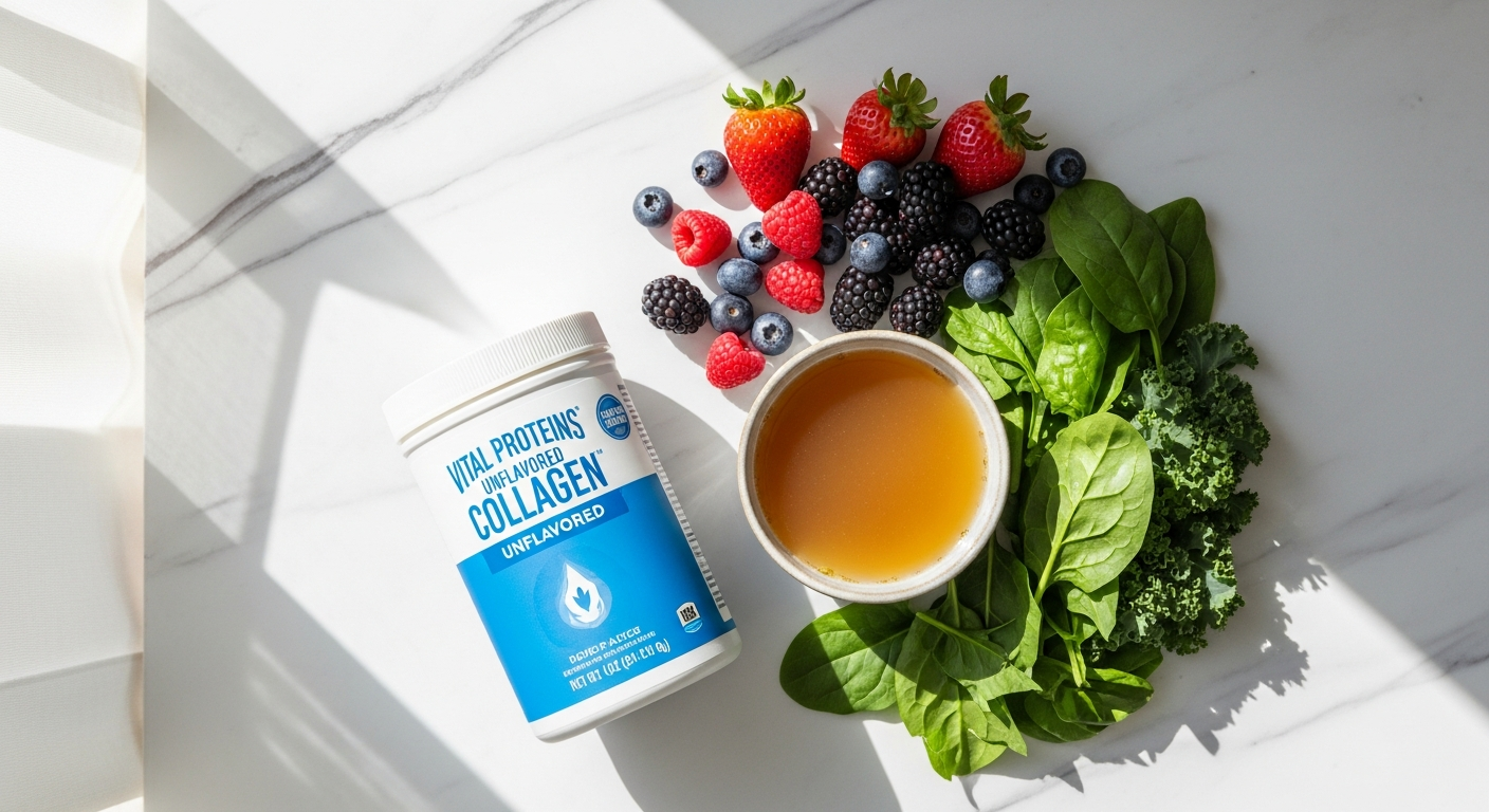 Vital Proteins unflavored collagen peptides powder container with grass-fed sourcing certification displayed prominently
