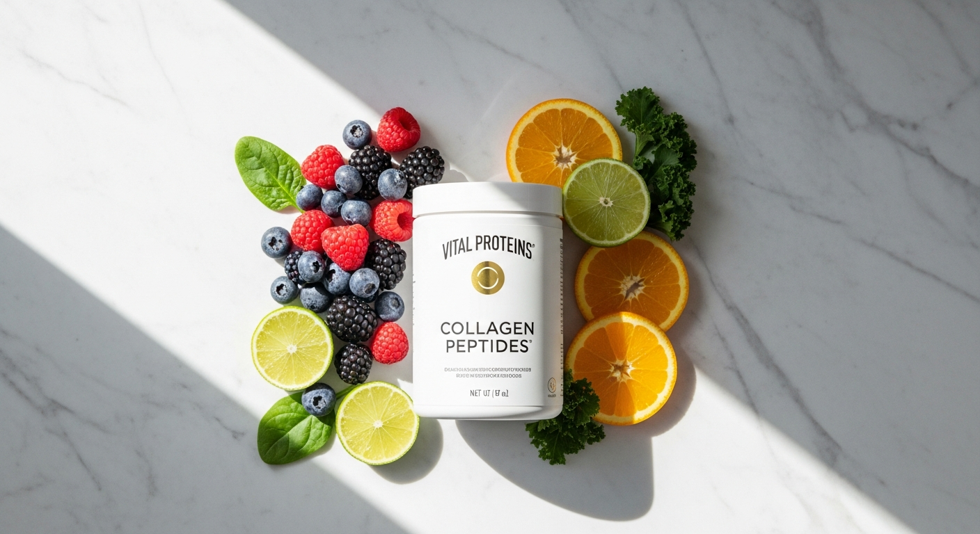 Vital Proteins Collagen Peptides Unflavoured powder in clear container with measuring scoop