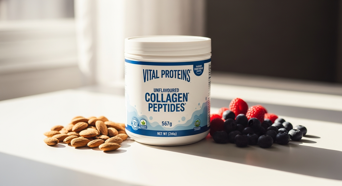 Vital Proteins unflavoured collagen peptides 567g container displayed with mixing in coffee cup