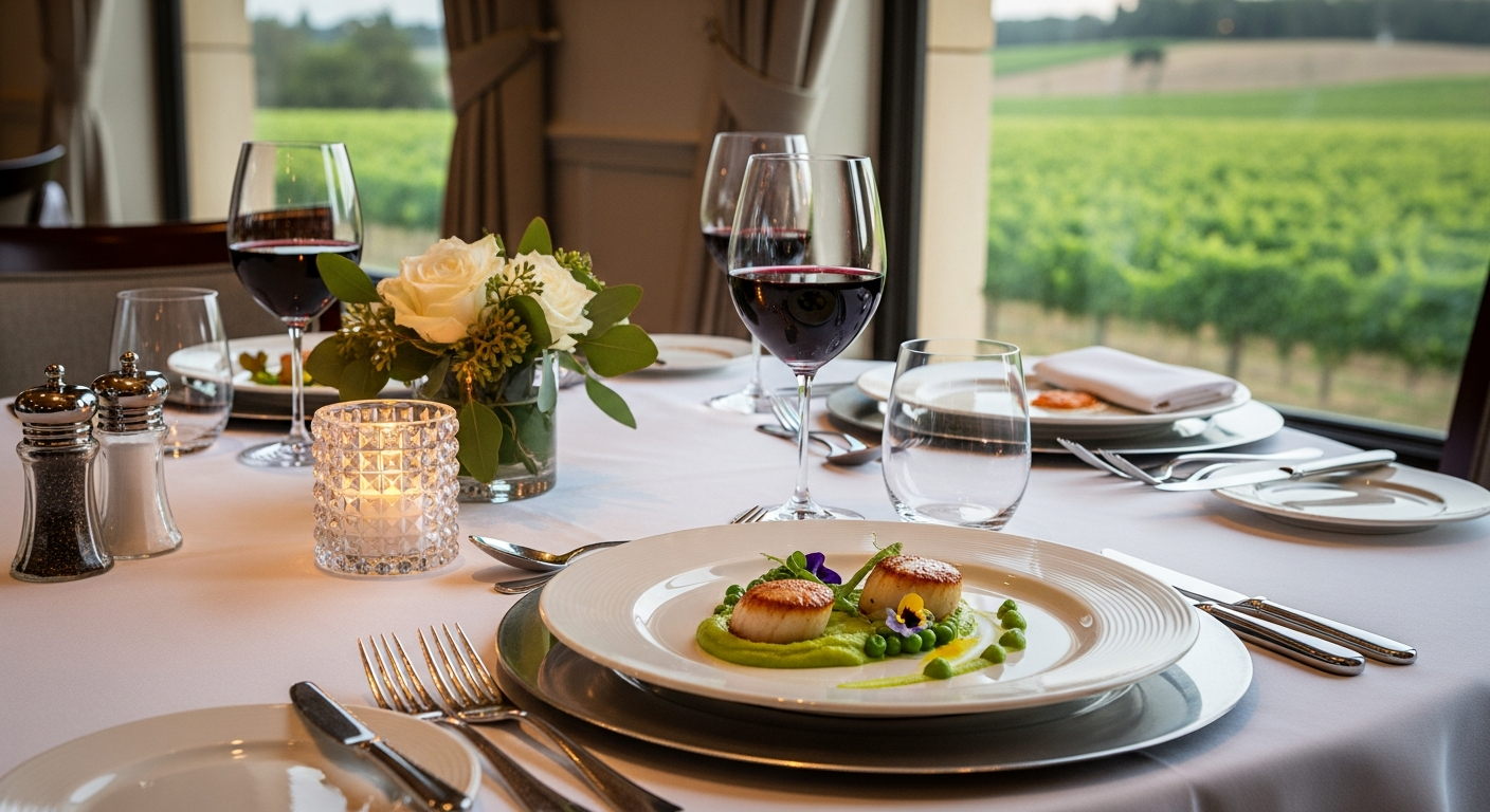 Elegant fine dining table setting with wine glasses and gourmet plated course at luxury hotel