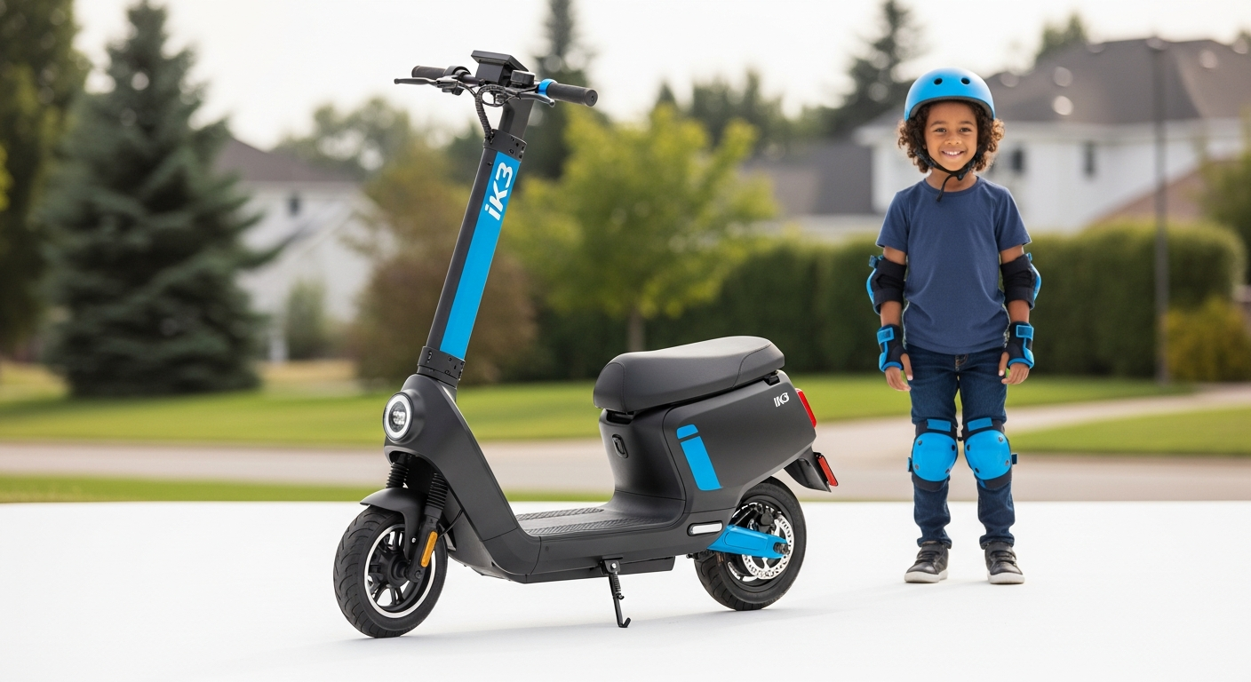 iK3 Kids Electric Scooter with LED Display shown from side angle with solid wheels visible