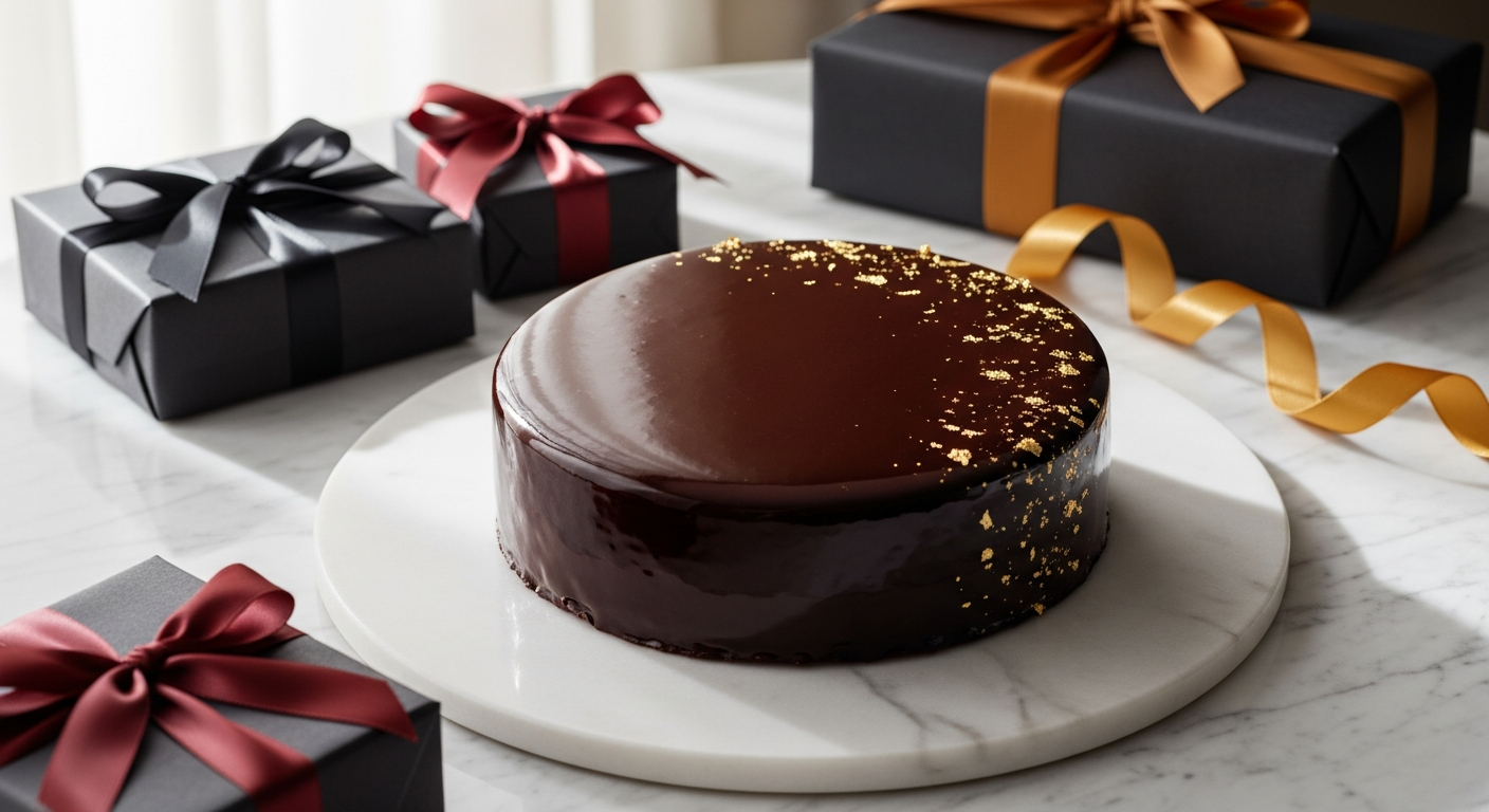 Decadent chocolate truffle cake with ganache dollops and chocolate sprinkles on white plate