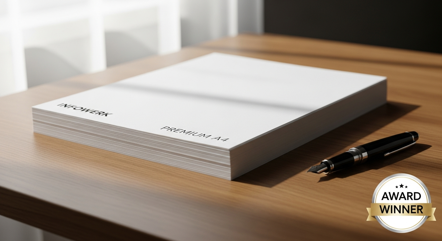 Infowerk Premium A4 Printer Copy Paper stack showing bright white sheets and professional packaging