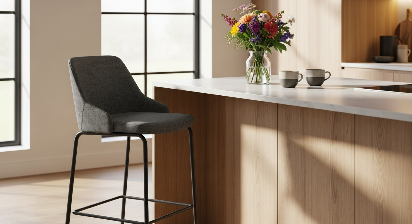 Modern Oneal 65cm fabric bar stool in neutral boucle upholstery with black steel frame