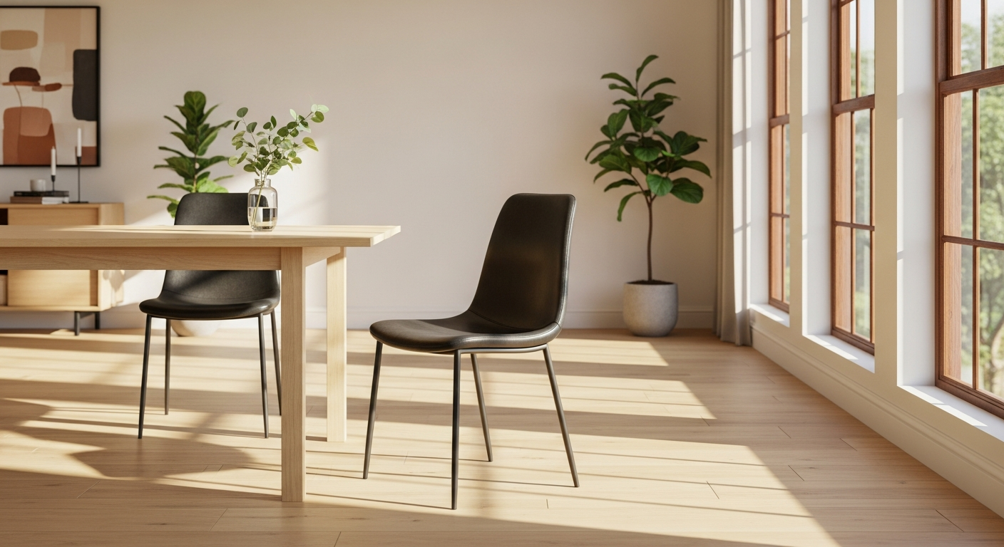 Elegant black faux leather dining chair in modern dining room setting