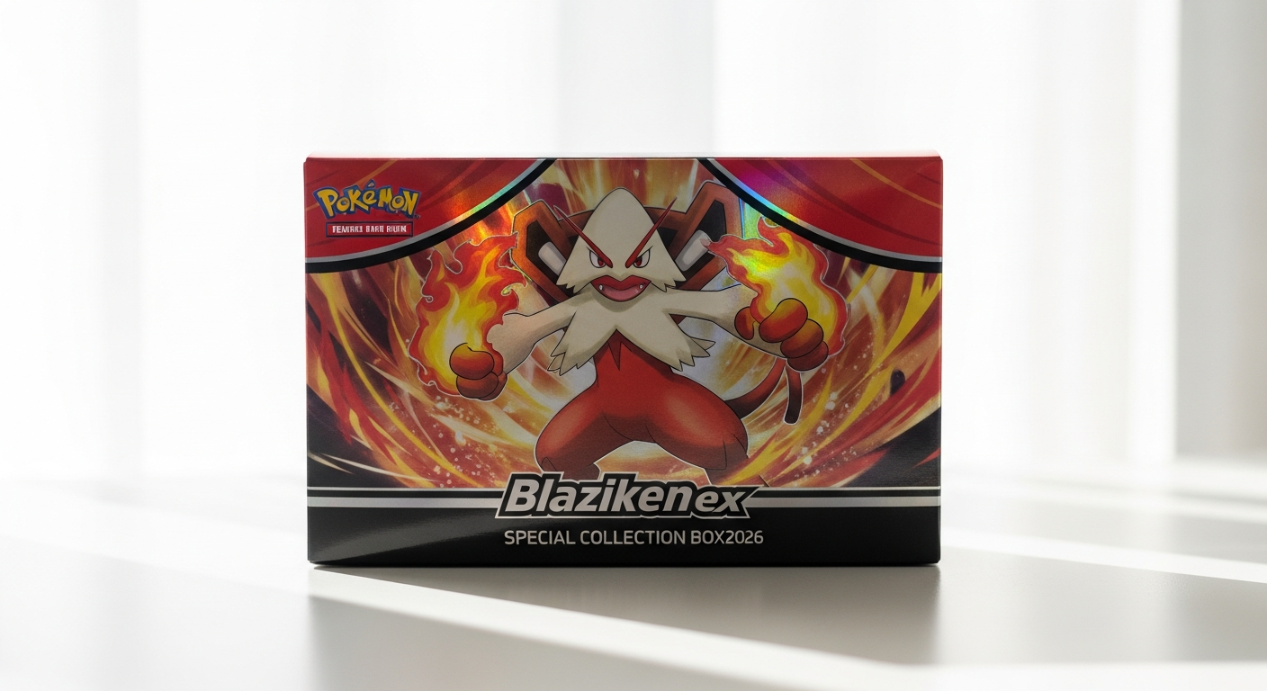 Pokémon Blaziken-ex Special Collection Box 2026 with holographic promo card and booster packs