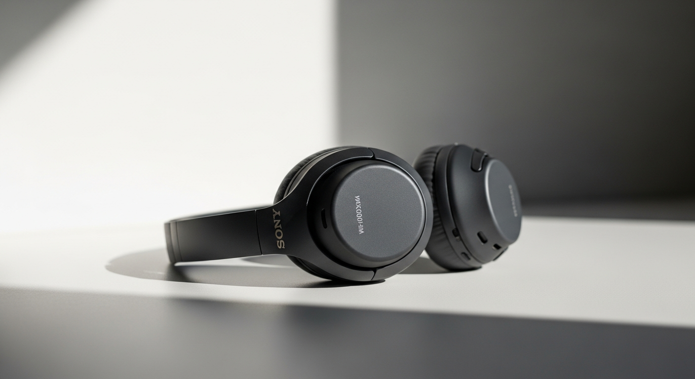 Sony WH-1000XM4 noise-cancelling headphones displayed with product packaging and accessories
