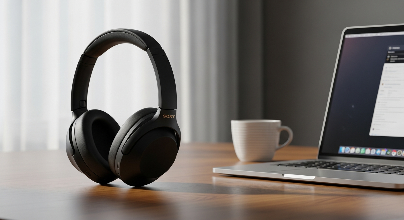 Sony WH-1000XM4 noise cancelling headphones displayed on white background