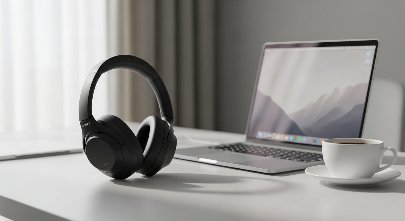 Sony WH-1000XM4 noise-cancelling headphones displayed with premium packaging and accessories