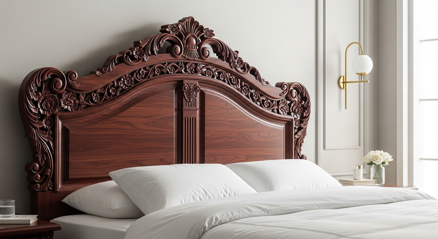 Hand-carved mahogany burgundy brown wooden bed headboard with intricate Balinese design details