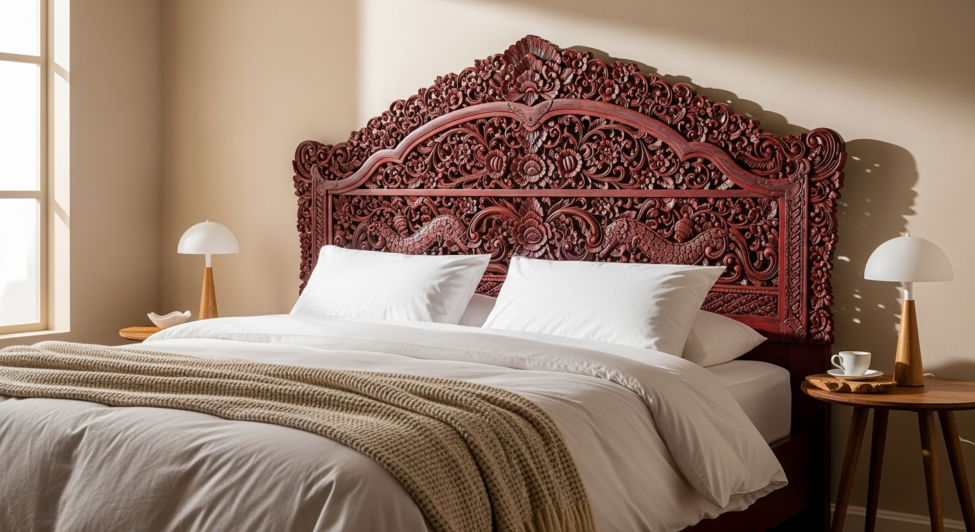 Hand-carved burgundy mahogany Balinese bed headboard with intricate patterns