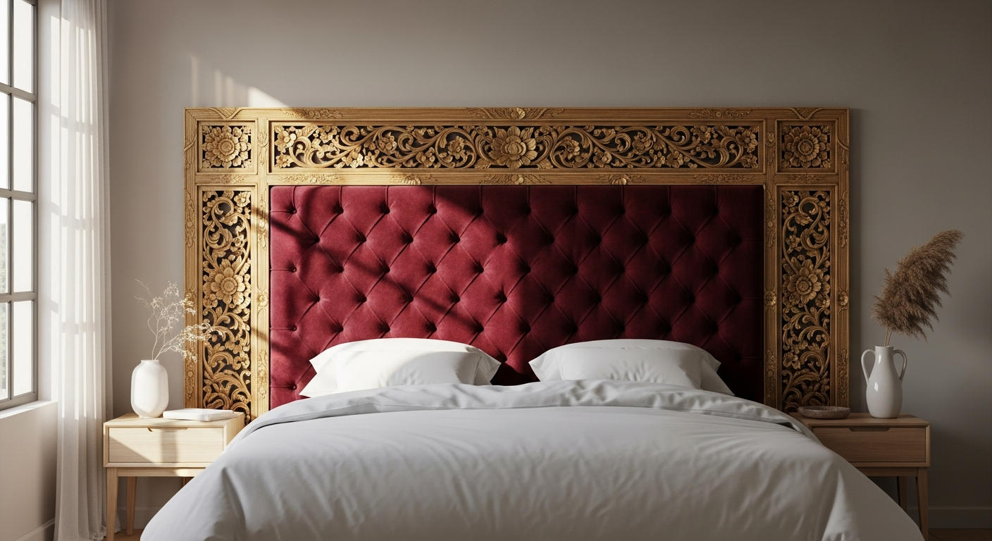 Hand-carved burgundy brown Balinese mahkota headboard with intricate temple motifs