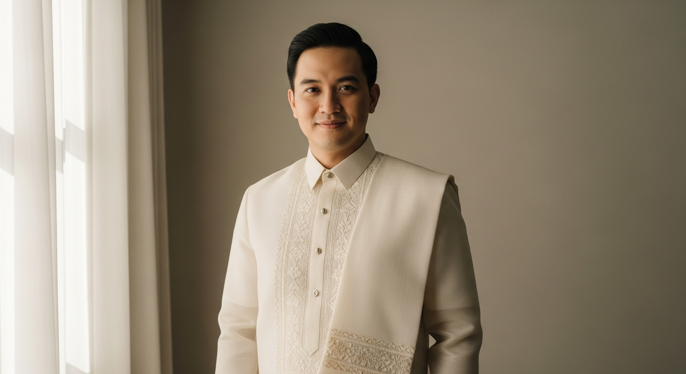Men's Cocoon Raya Barong with intricate gold embroidery and traditional Filipino formal wear design