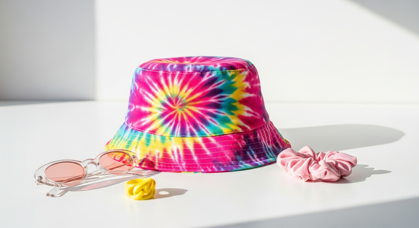 Pink 90s tie hat neck warmer styled on model with retro fashion aesthetic