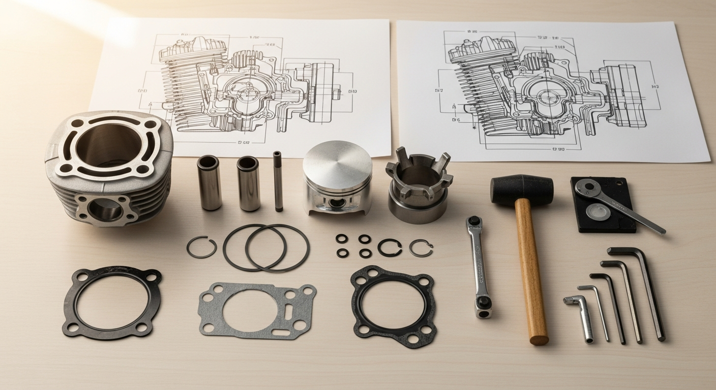 Close-up of a high-performance 50cc motorcycle cylinder kit with piston assembly and gaskets