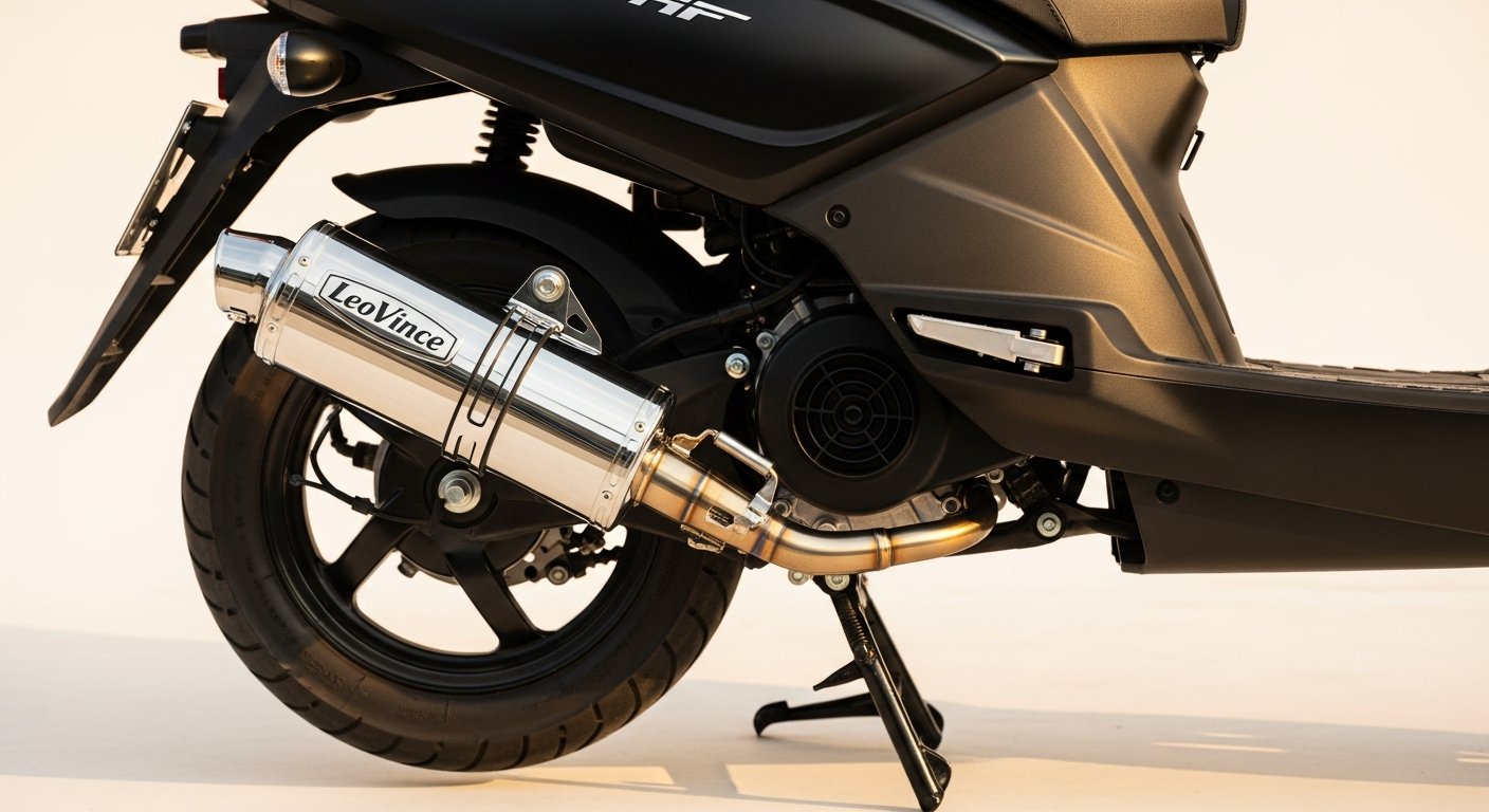 LeoVince exhaust pipe mounted on a 50cc moped showing stainless steel construction and sporty design