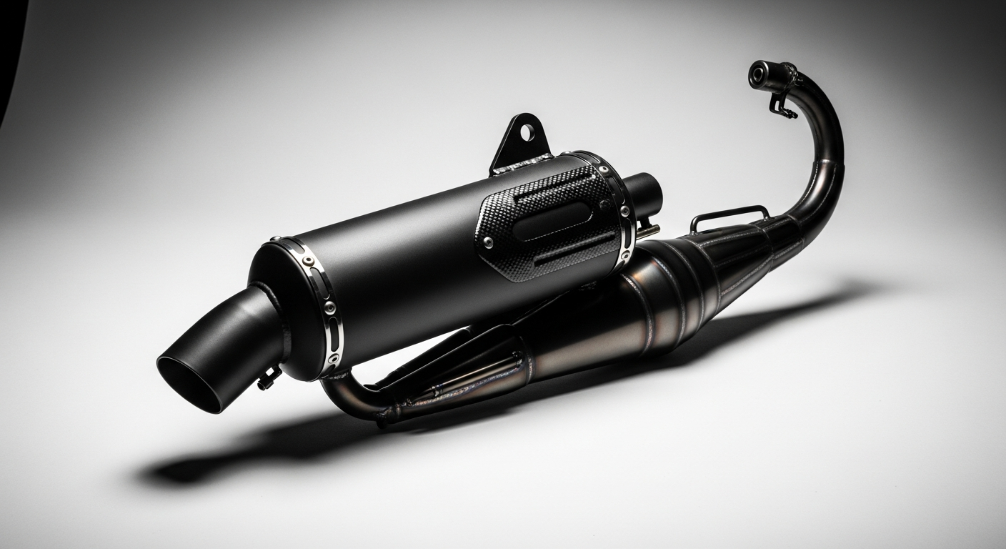 Yasuni R Black exhaust upgrade mounted on 50cc scooter