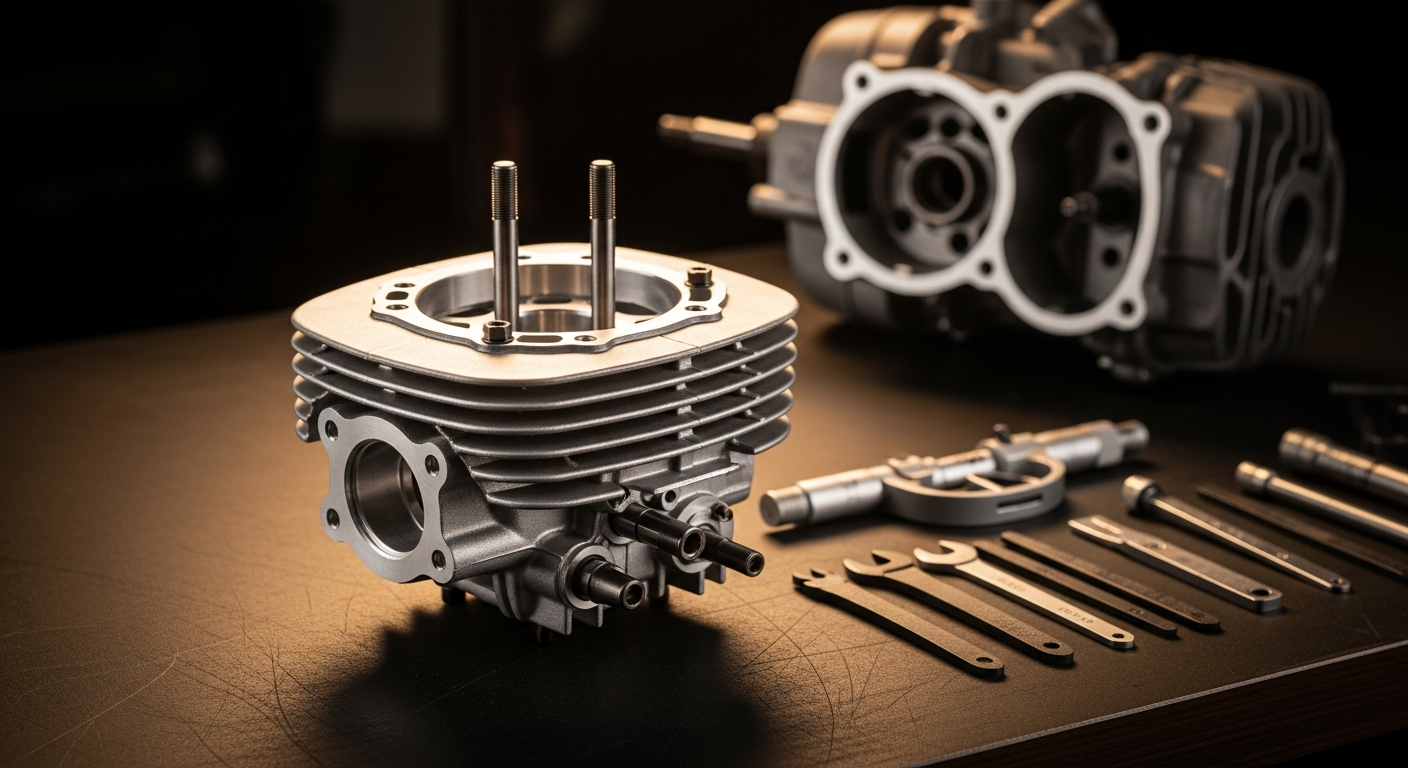 50cc performance cylinder kit upgrade components displayed on workbench