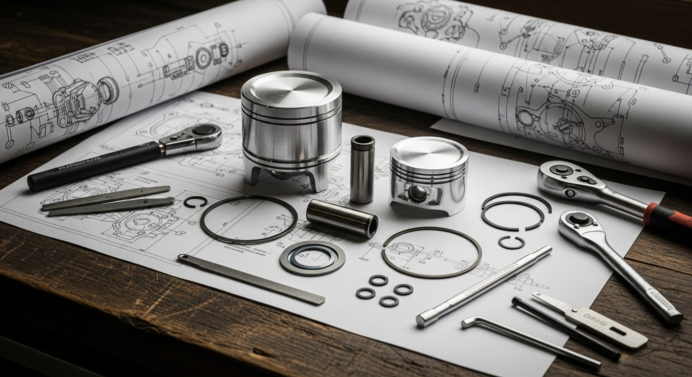 A high-performance 50cc scooter cylinder kit with piston and gasket components displayed