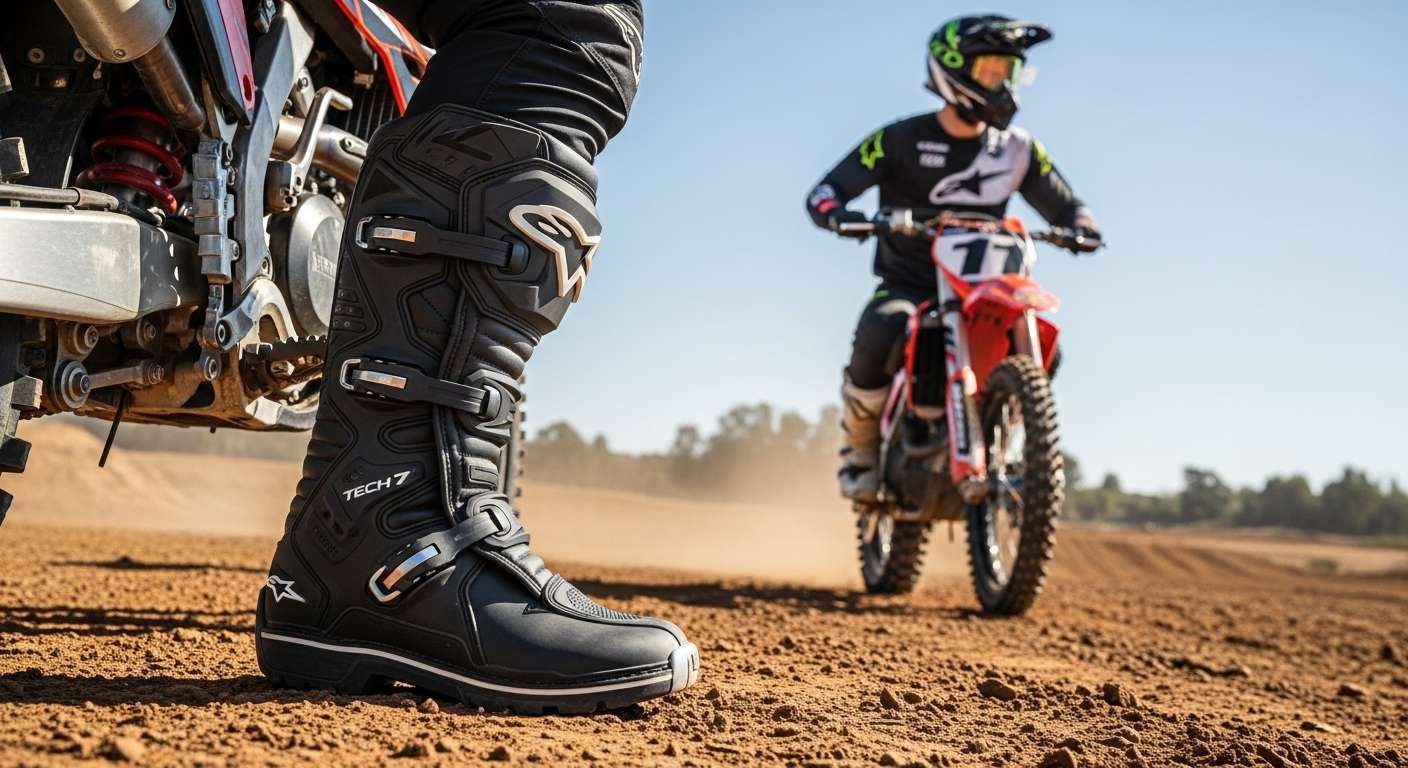 Alpinestars Tech 7 motocross boots displayed with protective gear components