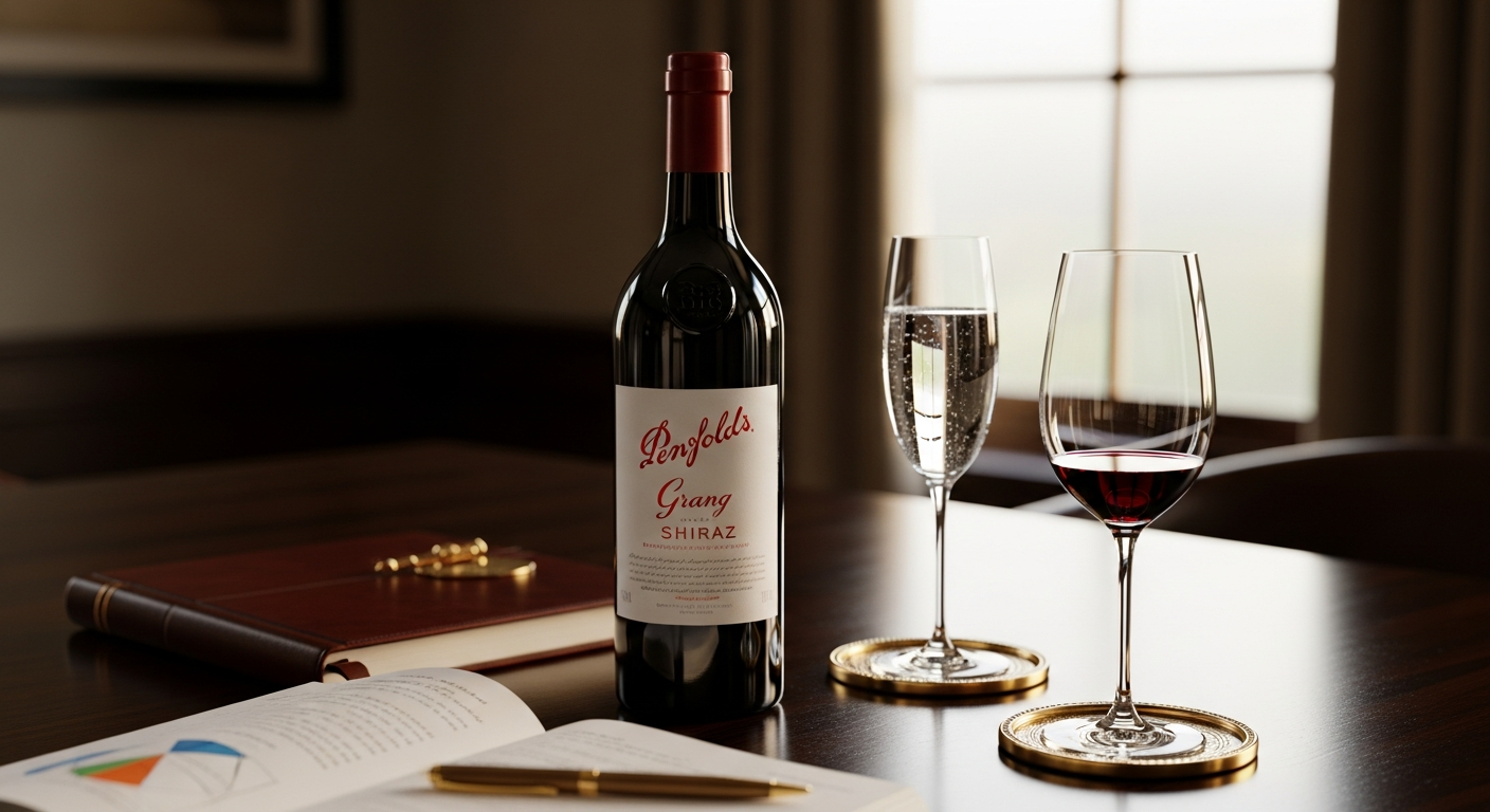 Penfolds Grange Shiraz wine bottle displayed in professional cellar storage environment