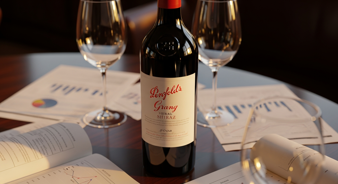 Penfolds Grange Shiraz wine bottle displayed with vineyard background