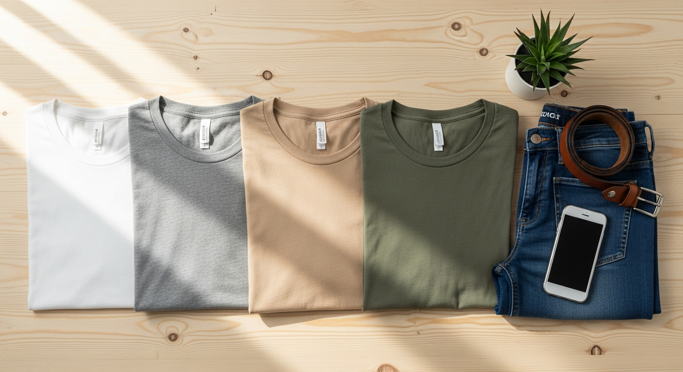 Five folded basic cotton t-shirts in various colors displayed together