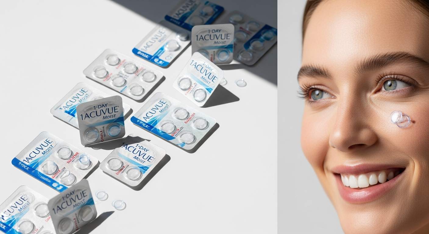 1-Day Acuvue Moist daily disposable contact lenses in packaging with moisture technology highlighted