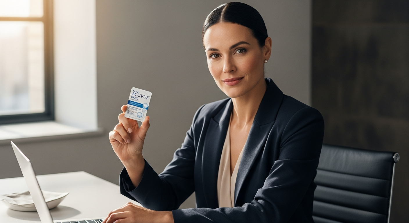 Woman inserting 1-Day Acuvue Moist daily disposable contact lens into eye