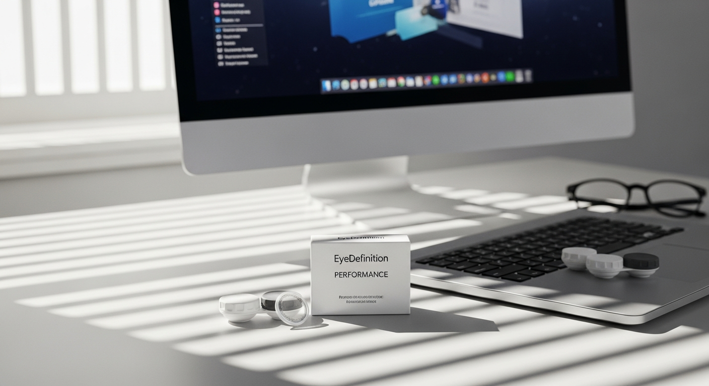 EyeDefinition PERFORMANCE monthly contact lenses in solution with lens case and cleaning supplies