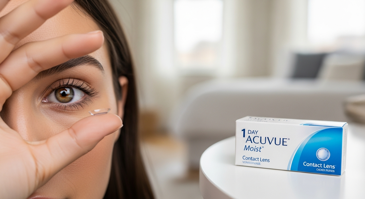 1 Day Acuvue Moist daily contact lenses in packaging with moisture droplets