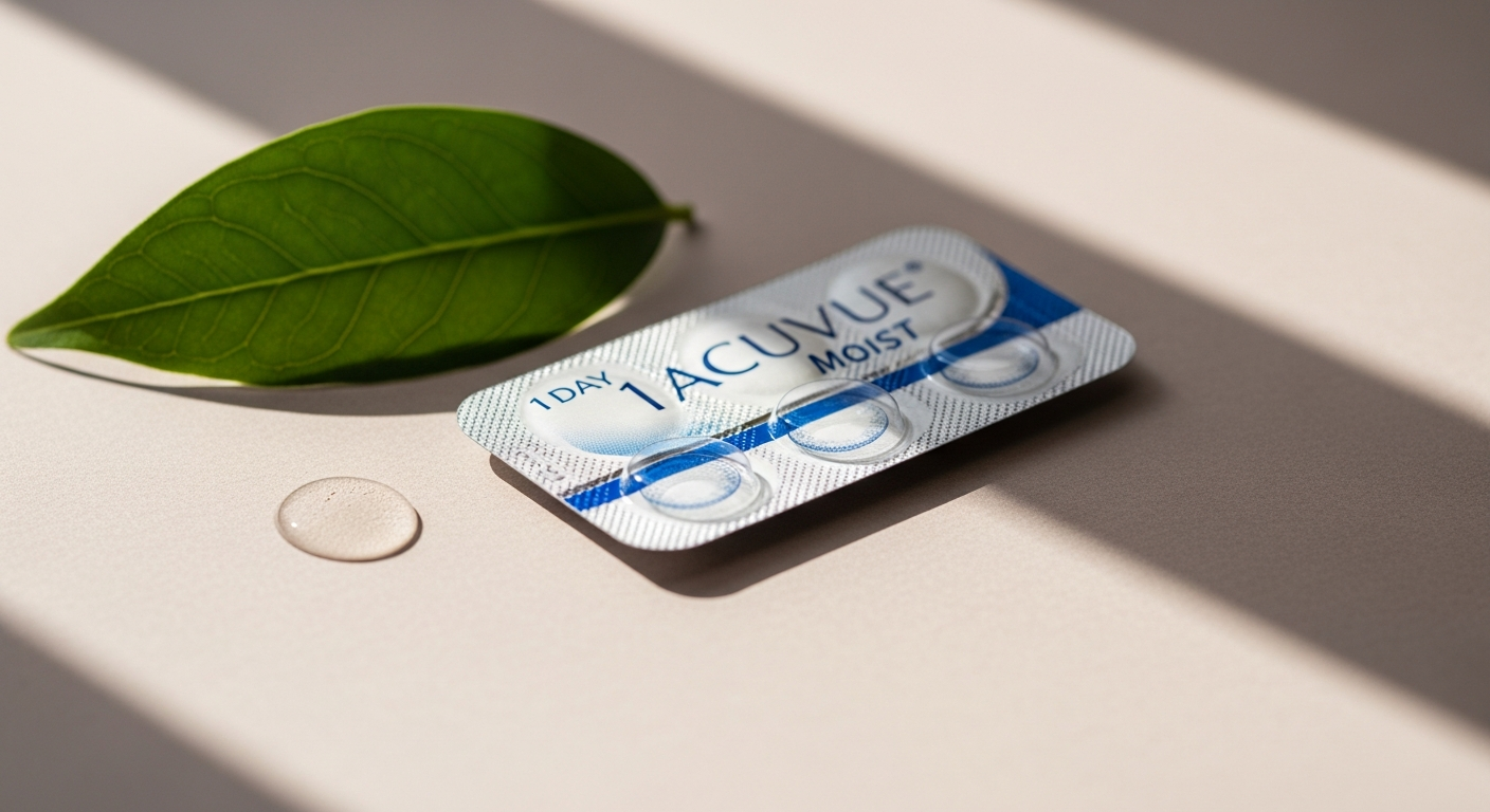 1 Day Acuvue Moist daily contact lenses in packaging displayed on white background