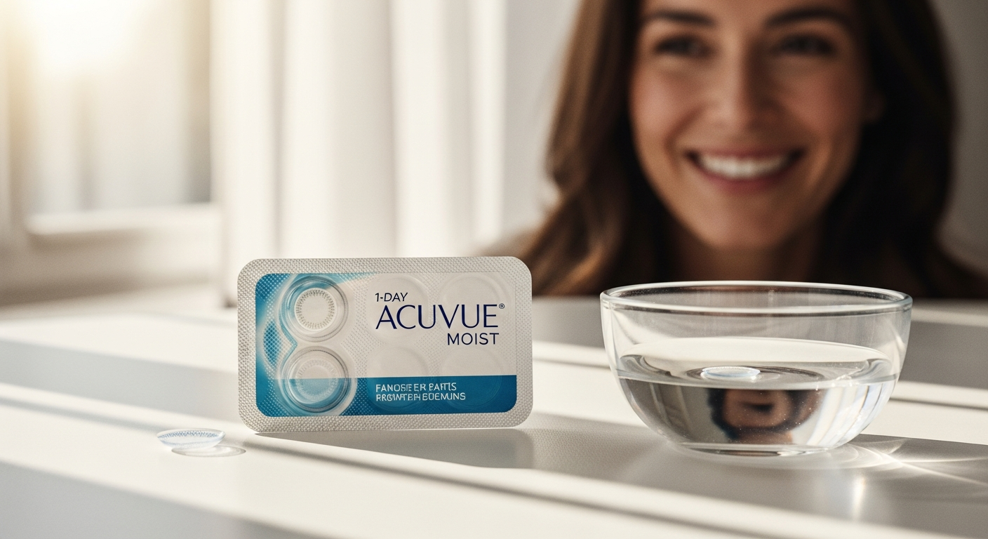 1 Day Acuvue Moist daily contact lenses in packaging with moisture droplets